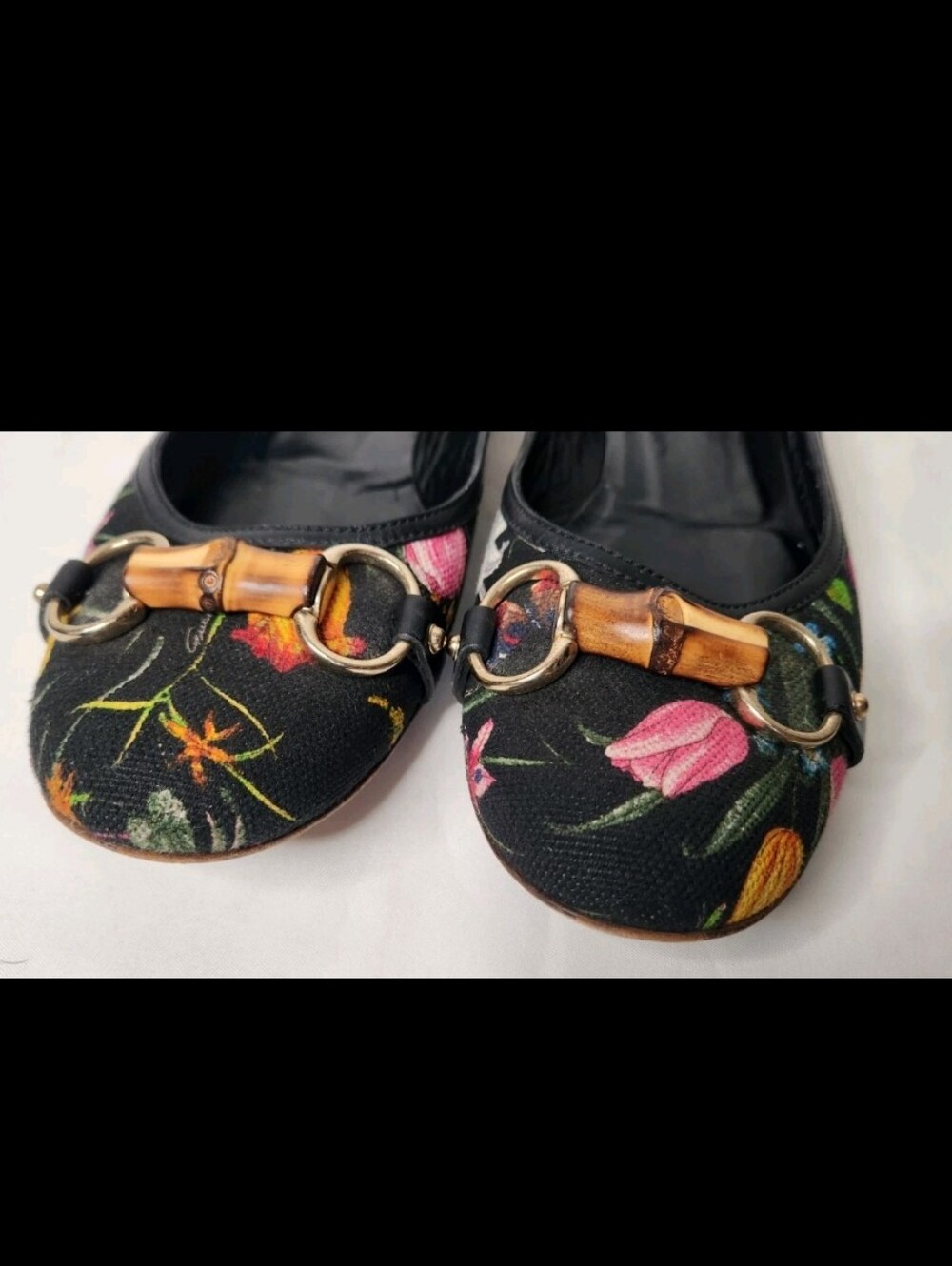 Gucci Floral Flats Horse-bit Leather Fabric Black Shoes Bamboo Detail Italy9.5 B - Picture 12 of 15